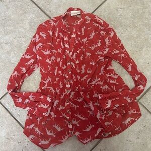 Anthropology Maeve Red Feline Cheetah Print Cotton Tunic Button Blouse Small